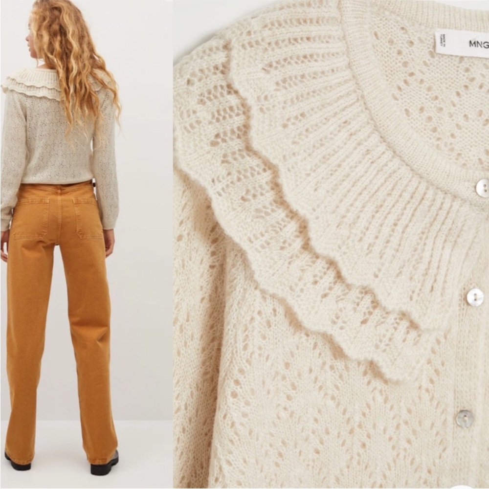 Mango Cream Knit Pointelle Cardigan with Ruffled Collar - Picture 2 of 4